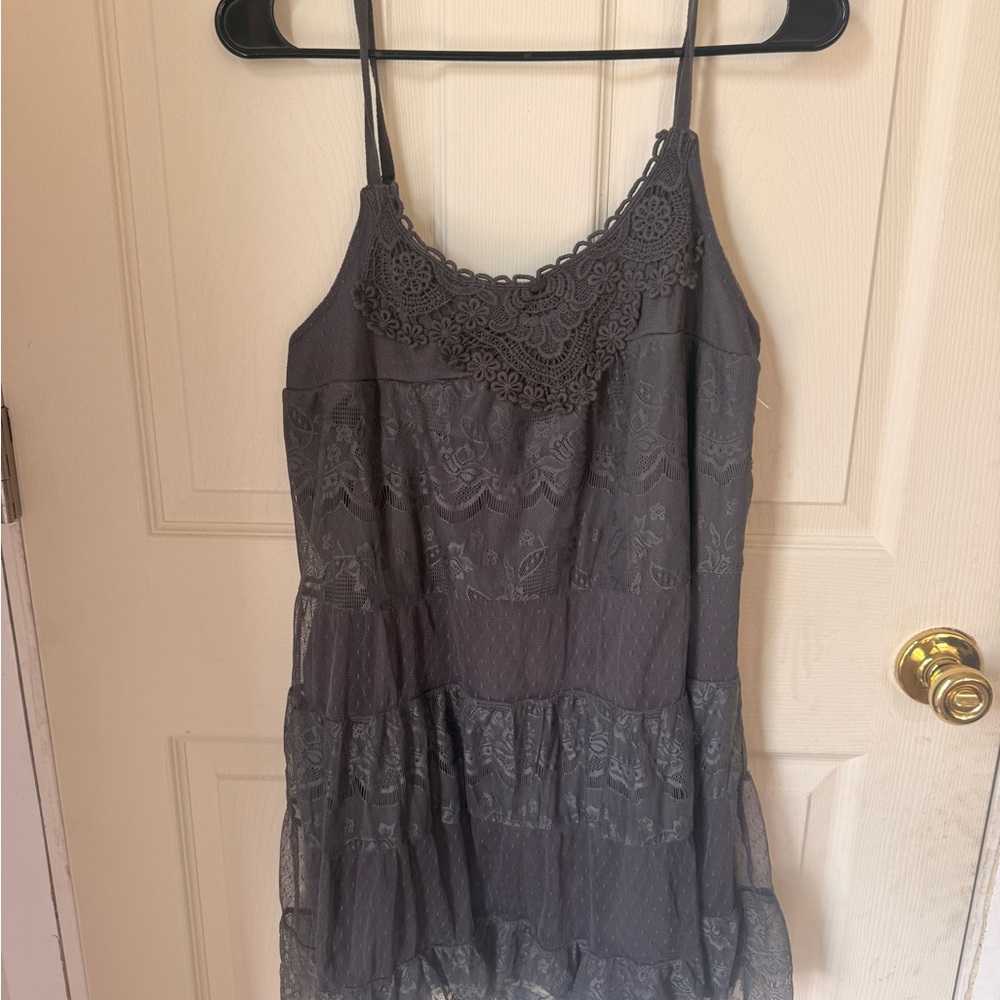 Lace Trim Charcoal Gray Spaghetti Strap Dress